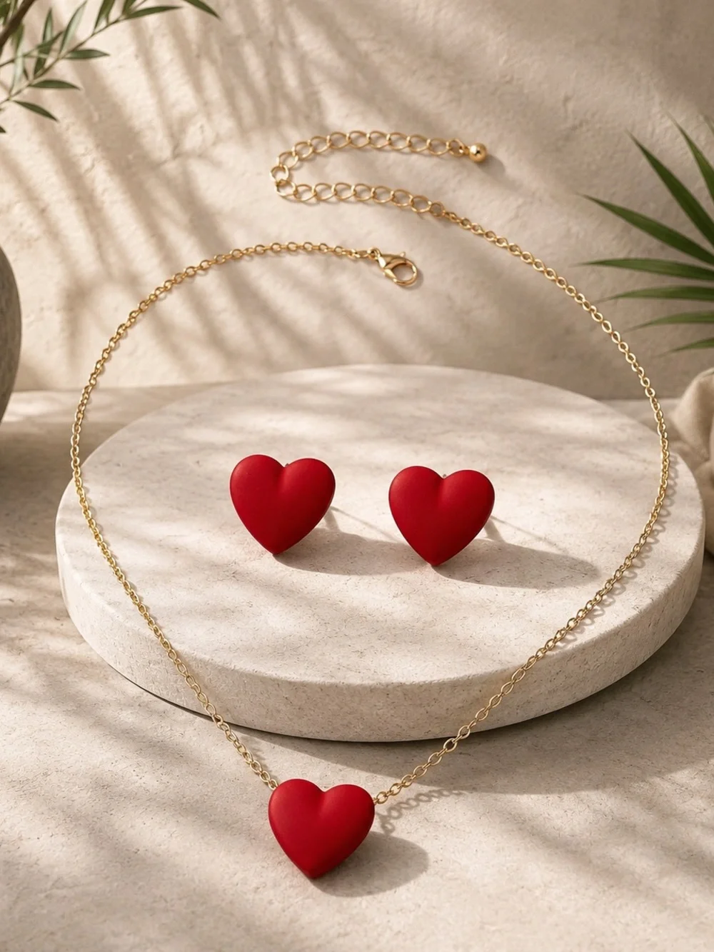 Red Heart Pendant Necklace and Stud Earrings Set - Women Jewelry